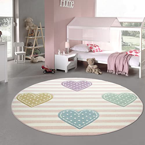 Teppich-Traum Kinderteppich Herzen Kinderzimmerteppich Mädchen in rosa lila grün Größe 160 cm Rund