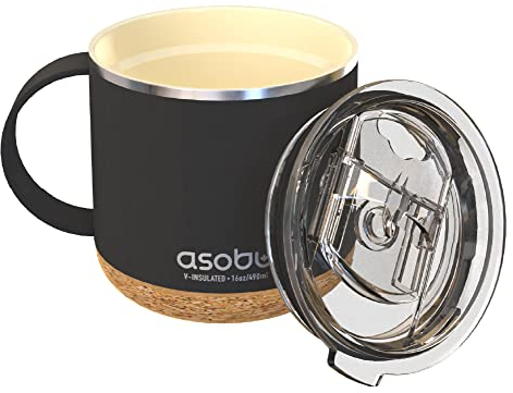 asobu Infinite Stainless Steel Insulated Coffee Mug with Inner Ceramic Coating and Cork Coaster 16 Ounce (Black)