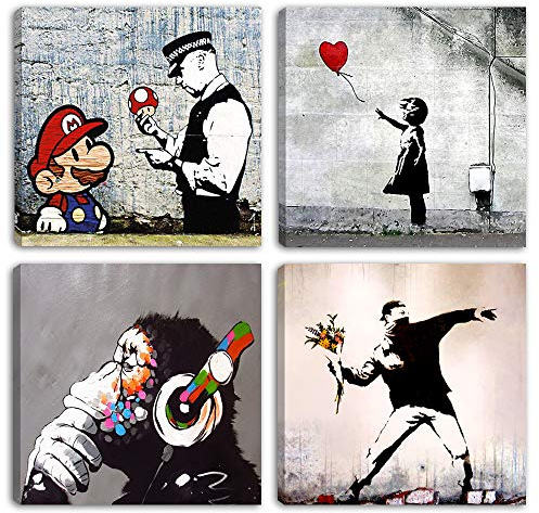 Degona Banksy Bilder Leinwand XXL 4 teilig (30x30cm) Bilder Wohnzimmer Schlafzimmer Küche Büro Bar Restaurant