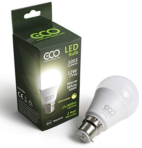 ECO DIMMABLE 2 Pin B22 Bayonet Light Bulb, 12W Dimmable LED Energy Saving Light Bulb, 75W Equivalent, Frosted, Warm White (3000K), 15000Hrs Lifetime. (1 x Pack)