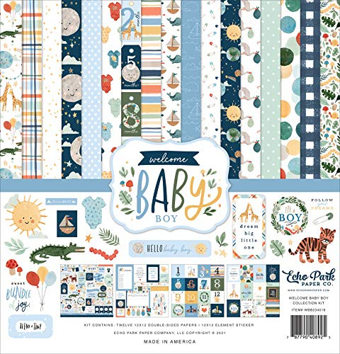 Echo Park Paper Company 646452 Echo Park 30,5 x 30,5 cm, Papier, Welcome Baby Boy Collection Kit, 12-x-12-Inch