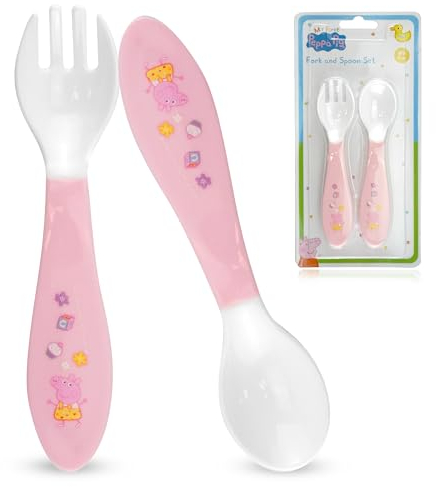 2-teiliges Besteck-Set mit Löffel und Gabel für Unisex-Kinder aus Kunststoff, verziert mit Charakter Peppa Wutz, BPA-frei, ideal für Kinder ab 6 Monaten