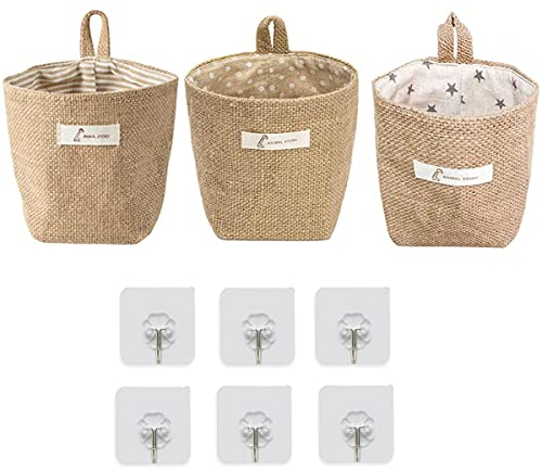3 Pieces Hanging Clothes Bag with 6 Adhesive Hooks Cotton Linen Storage Bag Foldable Storage Basket for Toys Cosmetic Keys Potted Plants Home Gadget Storage