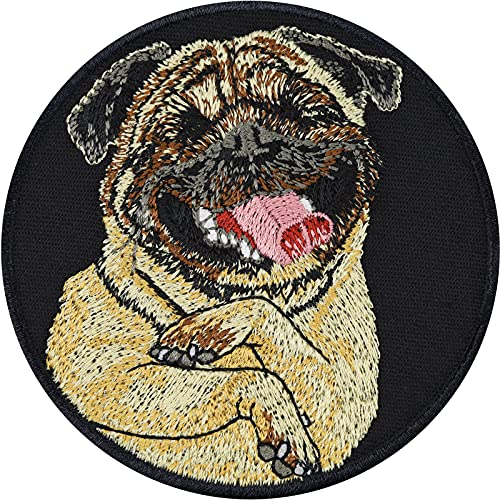 Mops Aufnäher Hund bestickter Aufkleber lustiger Aufbügler/Patch/Bügelflicken/Applikation für Taschen Jeans Jacken Verrückter Hund Hundemutter Hundepapa Geschenk Hundebesitzer 80x80mm