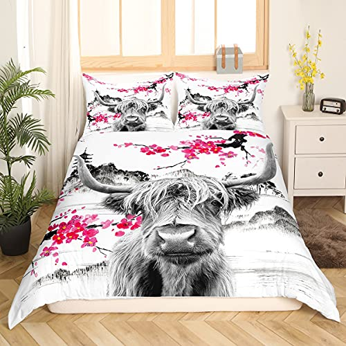 Loussiesd Highland Kuh Bettwäsche Niedlichen Roten Blumen Rinder Bettwäsche Set Kinder Mädchen Frauen Männer Kirschblüte Bettbezug Western Bull Cow Bettwäsche 135x200cm Exotische Wild West Tier