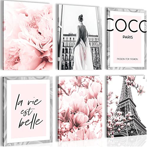 Novart- Tableau Décoration Murale- Coco-Paris- Decoration Chambre Salon- Prêt à être Accroché- 6 Cadres de 30x40 cm- Rose- N002465a