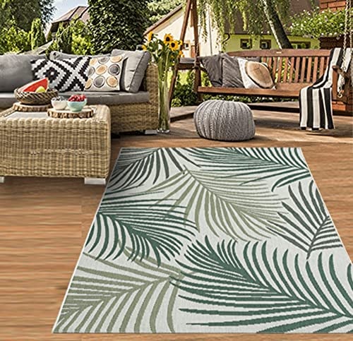 Teppich-Traum In- & Outdoor Teppich Sisal Optik Balkon Küche Wohnzimmer Terrasse Palmenzweige in grün auf sandfarbe Größe 80x150 cm