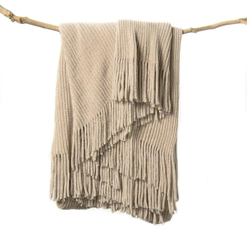 lifein Überwurfdecke für Sofa, weicher Bettüberwurf im Boho-Stil, zur Dekoration im Landhaus, gemütlich, gestrickt, klein, aus Chenille, Leichter Überwurf für Frühling, Beige, 127 x 152,4 cm