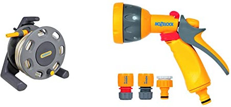 Hozelock Ltd Floor Standing Compact Reel with 20 Metre Hose and Connectors, Yellow & 2347 0000 Multi Spray Watering Gun Starter Set, 205.0 mm*230.0 mm*260.0 mm, Multicolour