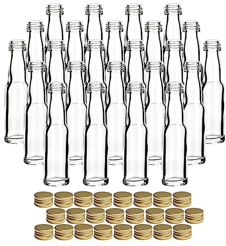 gouveo Set di 24 bottiglie di vetro lunghe 20 ml con tappo a vite oro - mini bottiglia da 0,02 l da riempire - bottiglie di vetro per liquori, grappe, olio o per l'artigianato (MFLR020G)