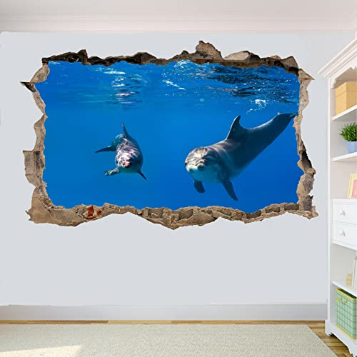 Kuletkear 3D Wandtattoo Wandaufkleber, Delfin B 98 x H 65 cm Wandsticker Wanddeko Wandbilder, für Wohnzimmer Schlafzimmer Badezimmer Flur Küche Möbel Aufkleber