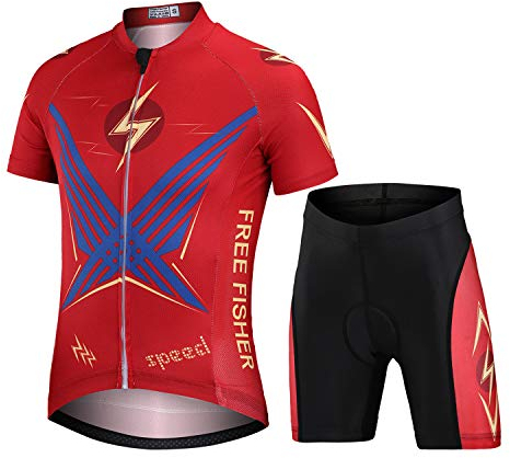 Amur Leopard Kinder Radtrikot Set Jungen Fahrradbekleidung Mädchen Schnell Trocknend Kurzarmtrikot Atmungsaktiv Anzug Fahrrad Trikot Kurzarm + Kurz Radhose mit 3D Sitzpolster, Rot, 160