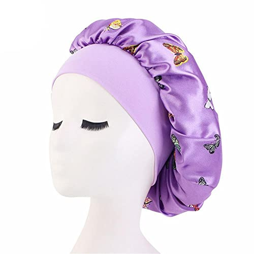 Uteruik Satin Bonnet Night Sleep Cap Butterfly Printed Turban Hat Salon Head Cover with Elastic Wide Band for Women Sleeping Hair Loss (#D)