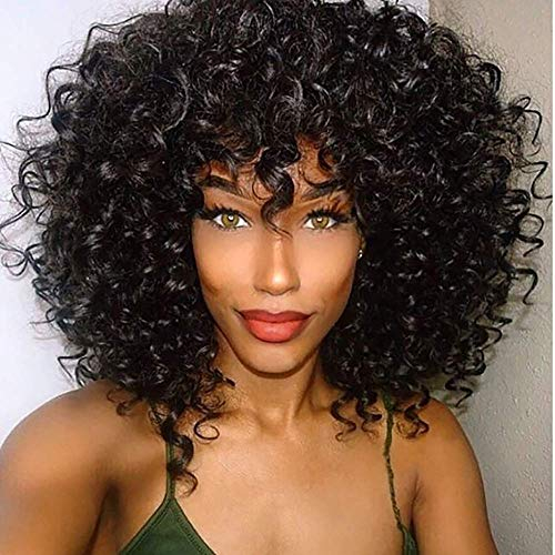 YEESHEDO Afro Curly Wig with Bangs Black Wigs Kinky Curly Heat Resistant Synthetic Shoulder Length Wig for Women Full Wigs for Daily Cosplay Halloween