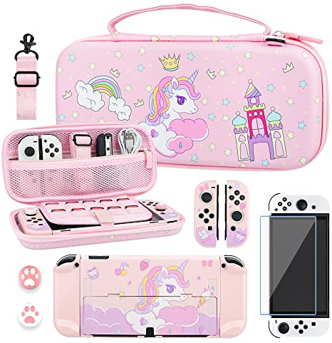 RHOTALL Set di custodia per Nintendo Switch OLED, motivo unicorno, custodia rosa per Switch OLED e accessori con custodia protettiva, pellicola proteggi schermo, tracolla regolabile e 2 tappi per