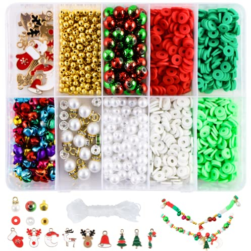 1320 Pcs Weihnachten Perlen Set,Polymer Tonperlen Sortiment,Weihnachten Charm Anhänger Basteln Perlen Zum Auffädeln,Glasperlen,Glöckchen,DIY Schmuckherstellung Halskette Armband Ohrringe Geschenk