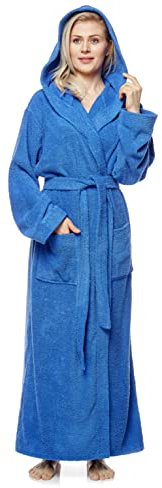Arus Women's bathrobe with hood, full length, 100% cotton terry, Royal Blue, S-M long