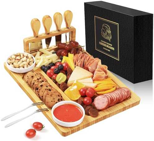 Juego de regalo de tablas de charcutería de bambú, tabla de queso para servir carne, juego de tabla de charcutería con 4 cuchillos de queso de acero inoxidable, ideal para regalos de inauguración de