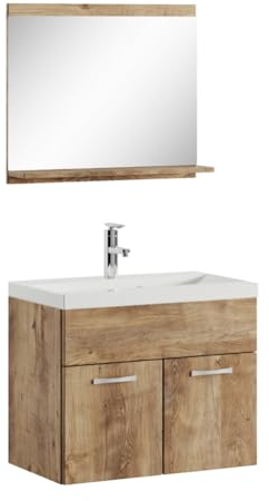 Badplaats B.V. Badezimmer Badmöbel Set Montreal 02 60cm Waschbecken Eiche Kastanie - Unterschrank Waschtisch Spiegel Möbel
