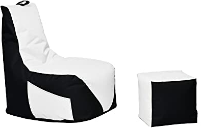 Momiralland Gaming Sitzsack - mit Lehne Sitzkissen - Beanbag - BodenKissen Sessel In- & Outdoor geeignet - Gaming mit PC Xbox & Playstation (Schwarz - Weiß, Sitzsack + Hocker)