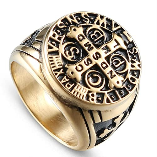 Kreuz Ring, Jahrgang Rune Jesus Kreuz Ring für Männer, Christuskreuz Ring Religiöser Katholischer Kreuzring Jesuskreuzschmuck, Punkritter Tempelritter Kreuzfahrer Kreuzring für Jungen (17.3, Gold)