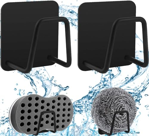 QINGHEC 2 Stück Selbstklebend Küche Schwammhalter, 304 Edelstahl Spülschwamm Halterung, küche Spülbecken Organizer Küchenspüle Halter für Spülschwamm Waschbecken Küche - Schwarz