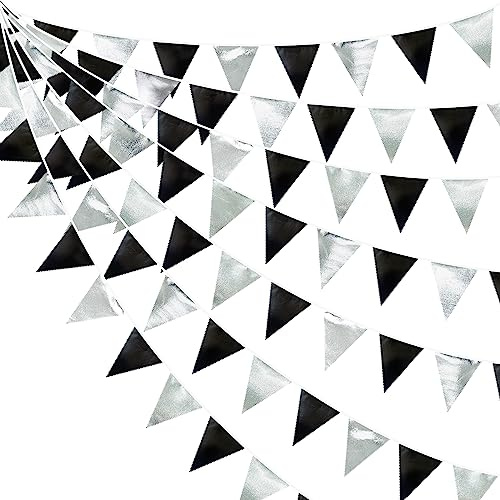 Schwarz und Silber Party Dekorationen Dreieck Wimpel Banner Flagge Metallic Stoff Wimpelkette Girlande für Geburtstag Abschluss Ruhestand Hochzeit Bachelorette Brautdusche Verlobung Disco Party