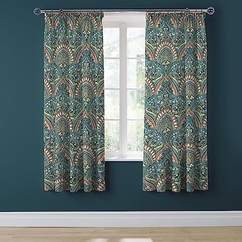 Dreams & Drapes Jacobean Vorhänge, blaugrün, 168 x 183 cm, 2 Raffhalter, Blumen/exotisches Plissee, marokkanisches Bohemian-Motiv, Damast für Schlafzimmer/Wohnzimmer