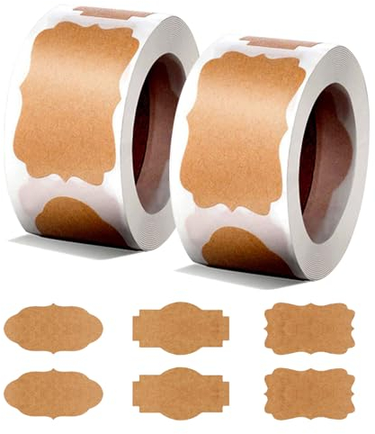 EUPSIIU 600 Piezas Etiquetas Adhesivas Kraft, 2 Rollos Decorativo Cinta Adhesiva Scrapbooking, Etiquetas Autoadhesivas para Botellas Mermelada, Pegatinas de Regalo, Frascos, Papel de Regalo(Marrón)