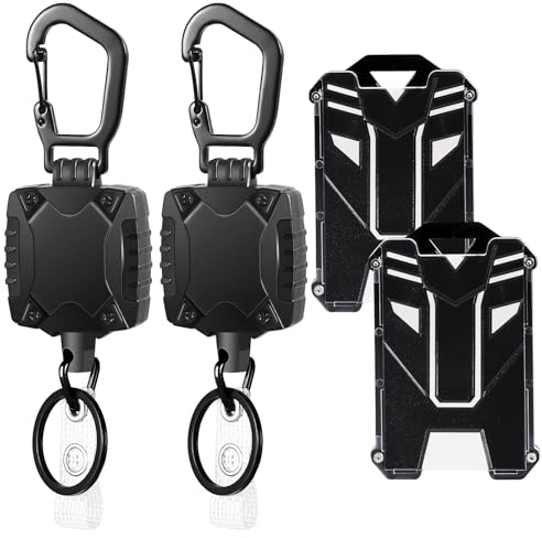 Robustes, einziehbares Schlüsselband, einziehbarer Schlüsselanhänger mit 69,8 cm dicker Stahlschnur (fasst 142 g) und 2 Ausweishalter (schwarz), 2 Stück