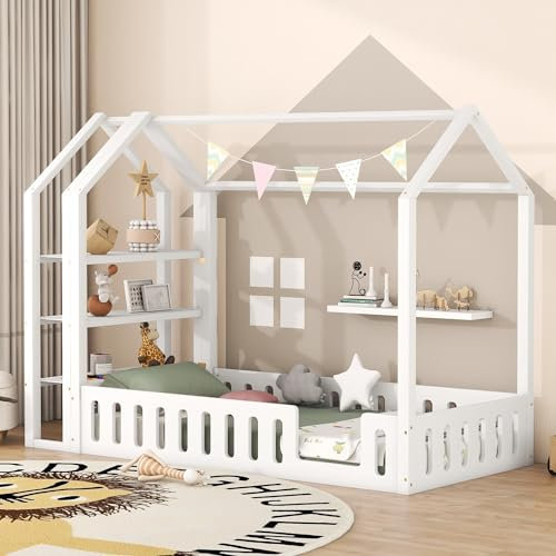 Merax Kinderbett 90x200cm mit Rausfallschutz, Kinder Hausbett mit Ablageregal, Stabiles Holz Baumhausbett mit Lattenrost, Spielbett für Jungen & Mädchen, Flachbetten, dekorativ, Ohne Matratze, Weiß