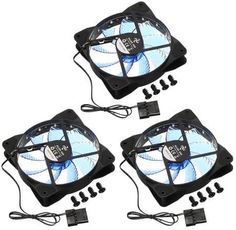 sourcing map 3Pcs Computer Case Fan 600-1200RPM 120mm 4 Pin Blue LED Silent Cooling Fan 15 LED 12V for Desktop Computer Radiators with Rubber Pads 4 Screws