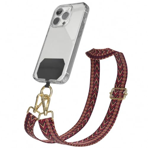EAZY CASE - Handykette Universal zum Umhängen kompatibel mit jedem Handy Kette mit Hülle kombinierbar Handykordel mit Karabiner für Handyhülle Handyband zum Umhängen Bunt Boho Kordel Rot Braun Gold