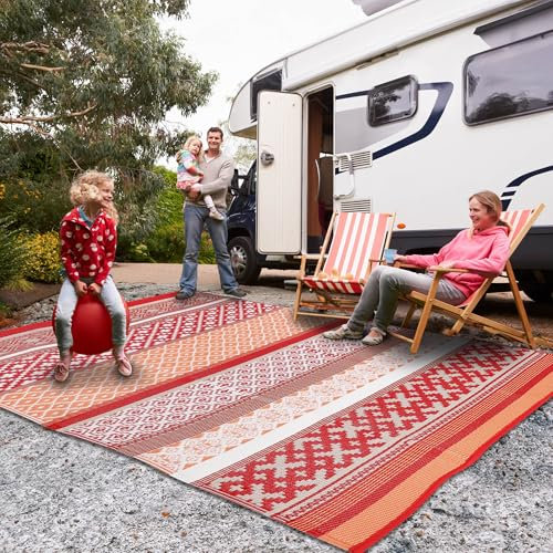 Green Decore Reversible Recycled Plastic Camping and Picnic Rugs | Perfect for Garden, Patio, Picnic, Decking | Stain And Water Resistant | Prime Red/Orange 180 x 270 cm