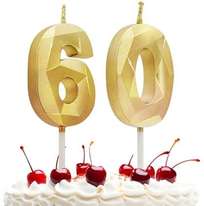 Prebarfun Gold Geburtstagskerzen Zahlen 60, Kuchendeko, 3D Kerzen für Torte, Party, Hochzeiten, Firmenfeiern, Jubiläen