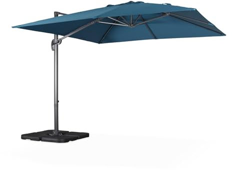 sweeek - Parasol déporté carré bleu canard 3x3m structure grise + Lot de 4 dalles à lester 50x50cm