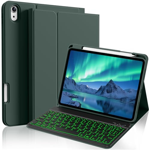 kenke for iPad 11/10th Gen Case with Keyboard 11/10.9 inch 2025 A16/2022, Detachable Wireless Bluetooth Keyboard Case with Right Side Pencil Holder, Backlit Black Square Keycaps (Dark Green
