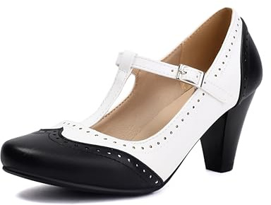 Elerhythm Damen Mary Jane Zweifarbig Klassisch und Retro Oxford Wingtip 1920er Jahre Pumps 1950er Vintage Runde Geschlossene Zehe 1940er Knöchelriemen Kleid Schuhe, Schwarz, 42.5 EU