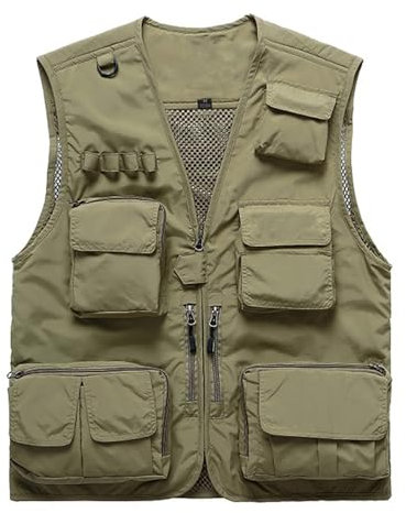 Vivikivi Men's Classical Outdoor Fishing Vest, Utility Mesh Vest Waistcoat, Multi Pockets Tactical Gilet for Safari Camera Camping Hiking Travel Cargo Hunting Walking (Khaki, M)