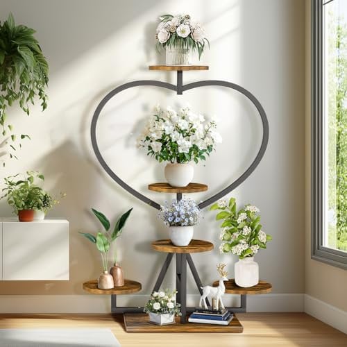 unho Portapiante da interno 5 Livelli: Porta Vaso Alto 105 cm Portavasi da interno esterno Supporto Porta Piante Balcone con struttura a forma di Cuore in Legno e Metallo