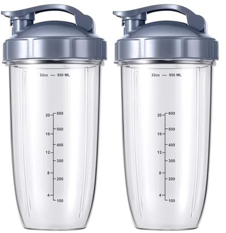 2 Pack Replacement Parts Upgrade 32OZ Cups with Replacement Flip-Top to-go-Lid and Rubber Gaskets Set Compatible with NutriBullet 600w/900W Blender Accessories