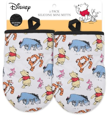 Disney Ofenhandschuhe, 14 x 19 cm, hitzebeständige Mini-Ofenhandschuhe mit rutschfestem, bedrucktem Silikon, Disney-Silhouetten, Mickey & Minnie, Stitch, Winnie Puuh