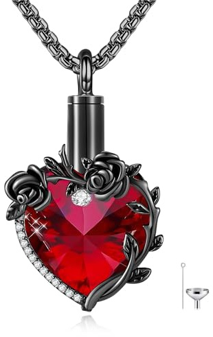 DAYLINLOVE Schwarze Rose Urne Kette für Asche 925 Sterling Silber Goth Rose Herz/kreuz Anhänger Halskette Gotische Einäscherung Gedenkstätte Andenken Schmuck Geschenk für die Asche Geliebter Menschen