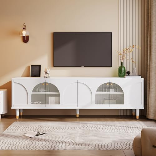 Merax Meuble TV bas avec portes en verre - Blanc - Meuble TV moderne avec poignées et pieds dorés - Design en forme d'arc - 173 x 38 x 59 cm