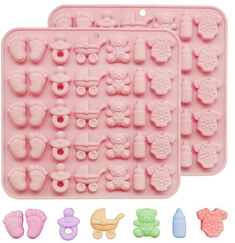 2 Stück Schokoladenformen für Babypartys, antihaftbeschichtetes Silikon, süße Form, Einteiler, Kutsche, Bär, Baby-Fußabdruck, Flasche, Schnuller,Bear Shaped Cute Mold-PINK