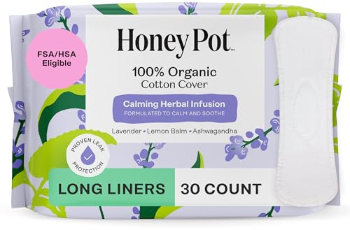 Honey Pot - Calming Long Panty Liners for Women - 100% Organic Cotton Top Sheet - Feminine Care - Non Cooling - Calming Herbs of Lavender, Ashwagandha, & Lemon Balm - 30ct
