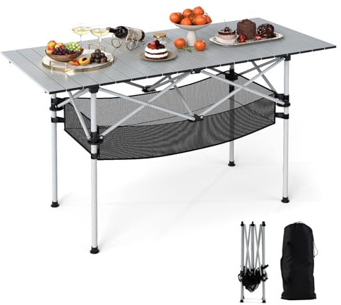 COSTWAY Aluminum Folding Camping Table, Roll Up Portable Picnic Table with Carrying Bag for 4-6 People, Steel Frame Fold up Dining Desk for Hiking Fishing BBQ (with Mesh Basket, Silver)