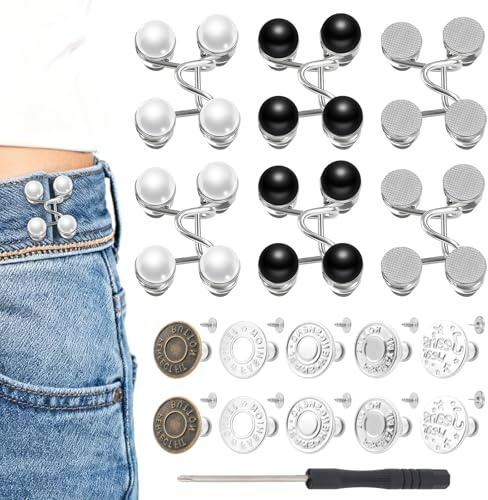 16 Stück Hosenbund Enger Machen & Jeansknöpfe Ohne Nähen mit Schraubendreher, Verstellbare Metall Hosen Enger Machen Clip Set für Jeansreparatur Größenanpassung