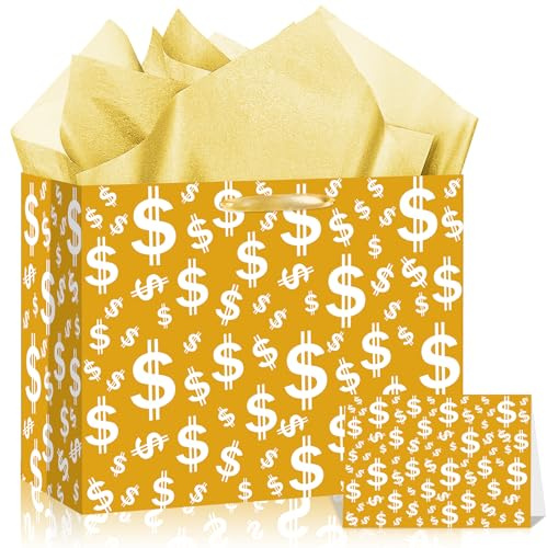 Gold Money Gift Bag Dollar Sign Party Favor Bags with Wrapping Tissue Paper and Greeting Card for Birthdays Baby Showers Casino Weddings Bachelorette Retirement Anniversary Graduations Party