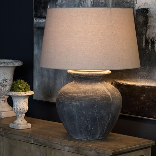 Wholesome Home Large Stone Table Lamp, Grey Distressed Base, Beige Linen Shade, 60 x 60 x 78 cm